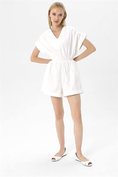 Kadın Beli Lastikli Gabardin Şortlu Tulum