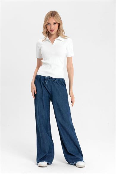 Kadın Beli Lastikli İspanyol Paça Püskül Detaylı Jeans Pantolon
