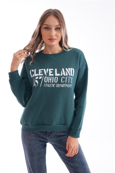 Kadın Bisiklet Yaka Baskı Detaylı Üç İplik Sweatshirt 255036 -