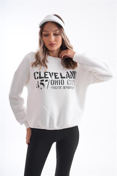 Kadın Bisiklet Yaka Baskı Detaylı Üç İplik Sweatshirt 255036 -
