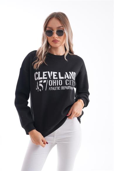 Kadın Bisiklet Yaka Baskı Detaylı Üç İplik Sweatshirt 255036 -