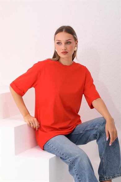 Kadın Bisiklet Yaka Kısa Kol Oversize Tişört