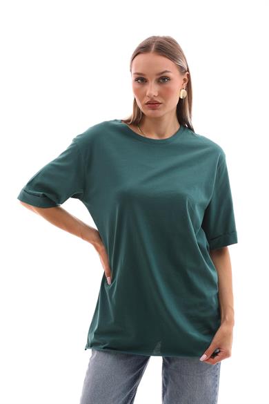 Kadın Bisiklet Yaka Kısa Kol Oversize Tişört