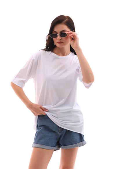 Kadın Bisiklet Yaka Kısa Kol Oversize Tişört