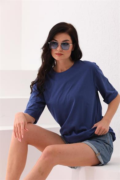 Kadın Bisiklet Yaka Kısa Kol Oversize Tişört