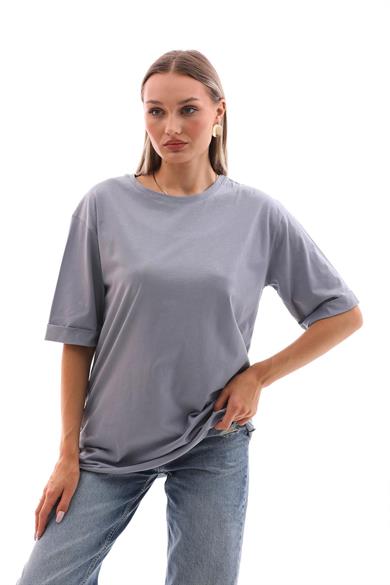 Kadın Bisiklet Yaka Kısa Kol Oversize Tişört