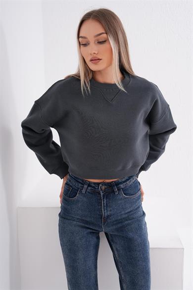 Kadın Bisiklet Yaka Kısa Üç İplik Sweatshirt 245117 -
