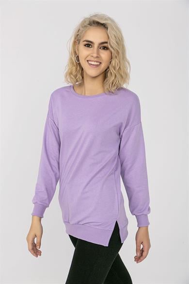 Kadın Bisiklet Yaka Yan Yırtmaç Detaylı Uzun Sweatshirt Y-11111