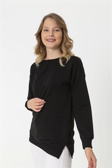 Kadın Bisiklet Yaka Yan Yırtmaç Detaylı Uzun Sweatshirt Y-11111