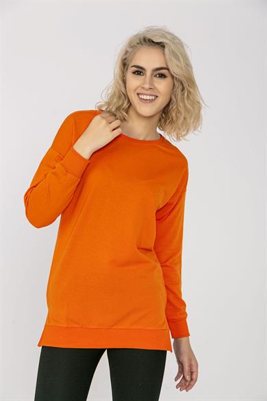 Kadın Bisiklet Yaka Yan Yırtmaç Detaylı Uzun Sweatshirt Y-11111