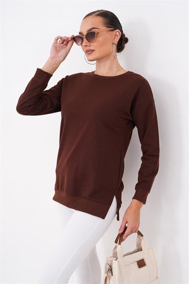 Kadın Bisiklet Yaka Yırtmaç Detaylı Sweatshirt 255261 - 265043
