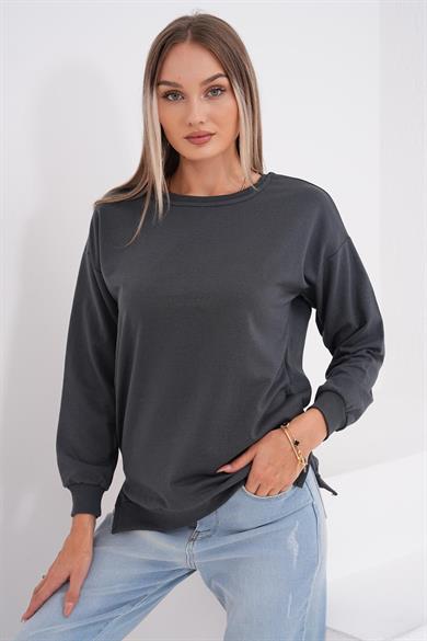 Kadın Bisiklet Yaka Yırtmaç Detaylı Sweatshirt 255261 -