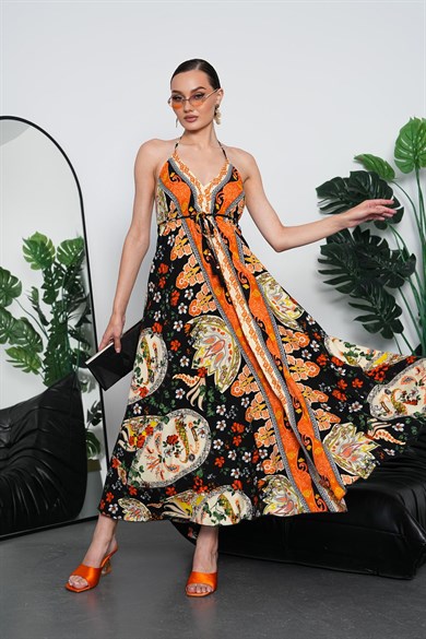 Kadın Boyundan Bağlama Detaylı Sırt Dekolteli Yırtmaçlı Uzun Oversize Elbise 260680-260681-260682