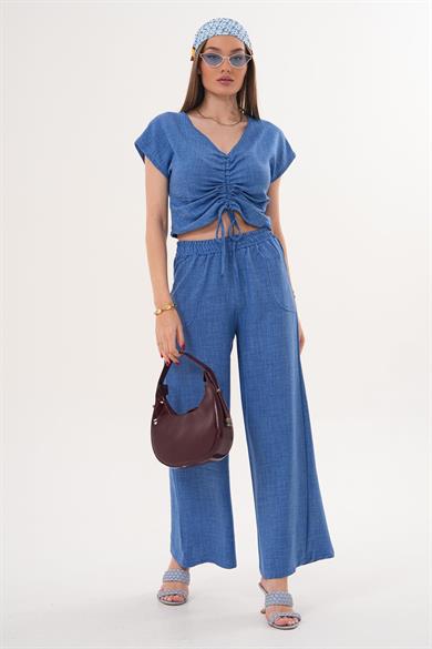 Kadın Büzgü Detaylı Bluz Pantolon Takım - 260011