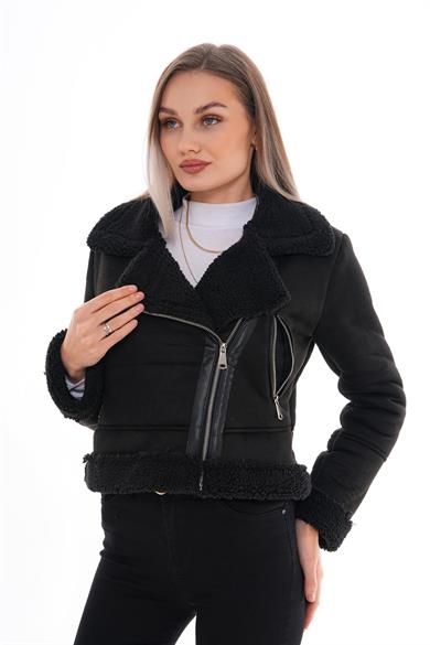 Kadın Çapraz Fermuar Detaylı İçi Peluş Süet Ceket 245372 -