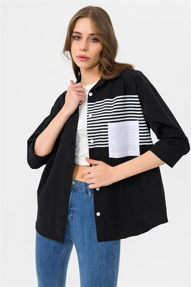 Kadın Cebi Desen Detaylı Oversize Poplin Gömlek