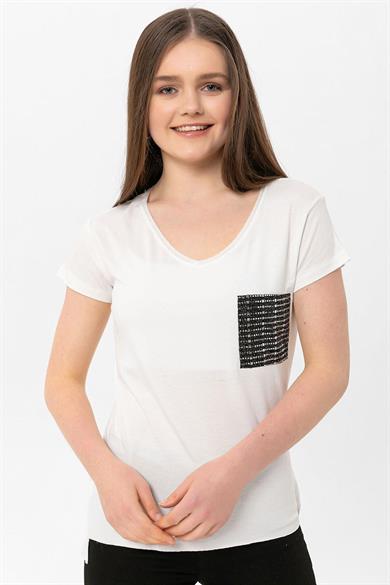 Kadın Cebi Pul İşlemeli V Yaka Oversize Tişört 240079 -