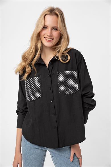 Kadın Cebi Taş Detaylı Oversize Gömlek