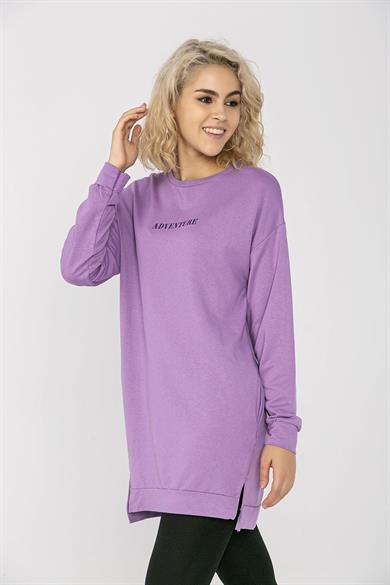 Kadın Cep Detaylı Bisiklet Yaka Yırtmaçlı Uzun Sweatshirt