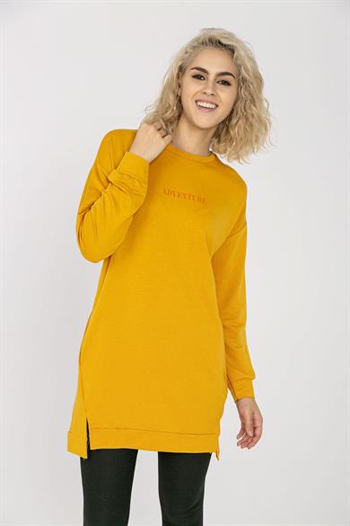 Kadın Cep Detaylı Bisiklet Yaka Yırtmaçlı Uzun Sweatshirt