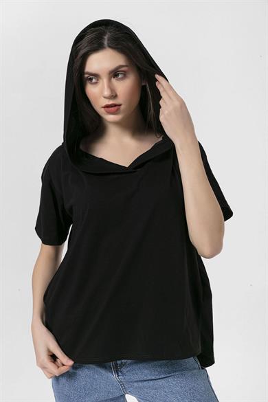 Kadın Cep Detaylı Kapüşonlu Oversize T-Shirt