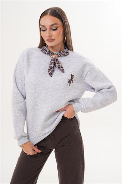 Kadın Ceylan Nakışlı Fular Detaylı Üç İplik Sweatshirt 255435 -