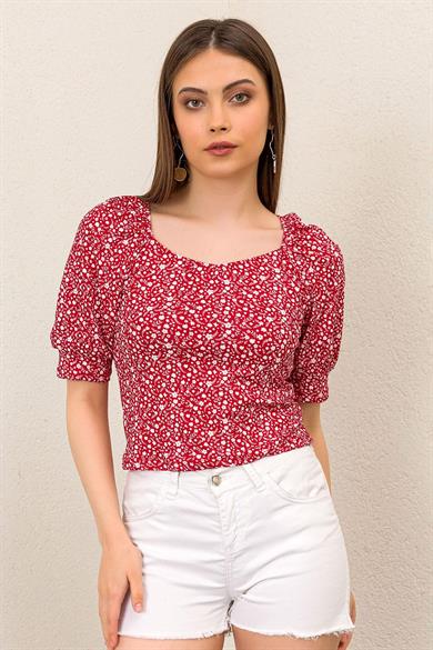 Kadın Çiçek Desenli Dirsek Kol Crop Bluz
