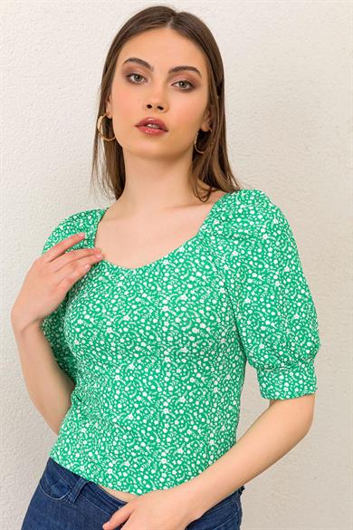 Kadın Çiçek Desenli Dirsek Kol Crop Bluz