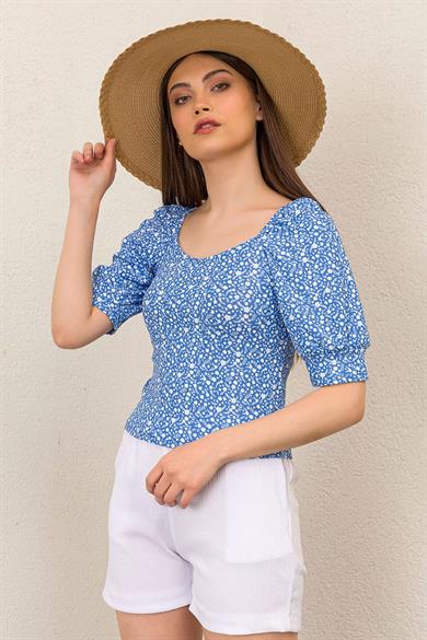 Kadın Çiçek Desenli Dirsek Kol Crop Bluz