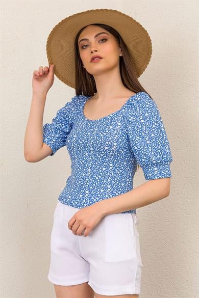 Kadın Çiçek Desenli Dirsek Kol Crop Bluz
