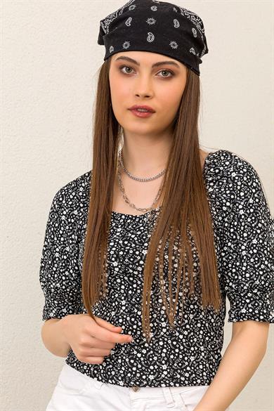Kadın Çiçek Desenli Dirsek Kol Crop Bluz