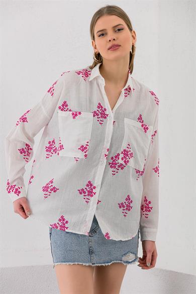 Kadın Çift Cepli Çiçek Desenli Oversize Gömlek