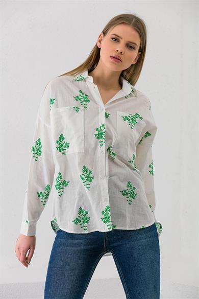 Kadın Çift Cepli Çiçek Desenli Oversize Gömlek