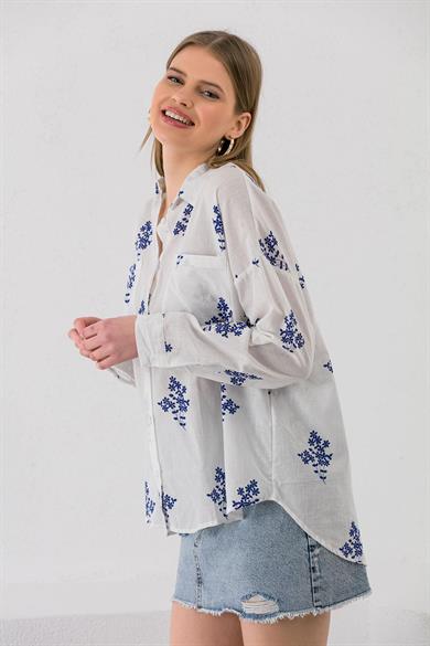 Kadın Çift Cepli Çiçek Desenli Oversize Gömlek