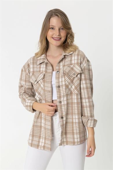 Kadın Çift Cepli Ekoseli Oversize Oduncu Gömlek
