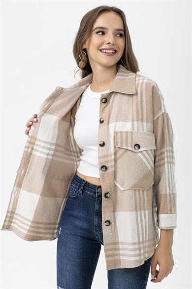 Kadın Çift Cepli Ekoseli Oversize Oduncu Gömlek