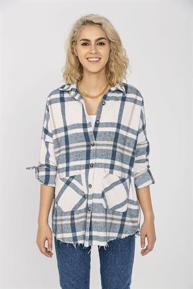 Kadın Çift Cepli Ekoseli Oversize Oduncu Gömlek