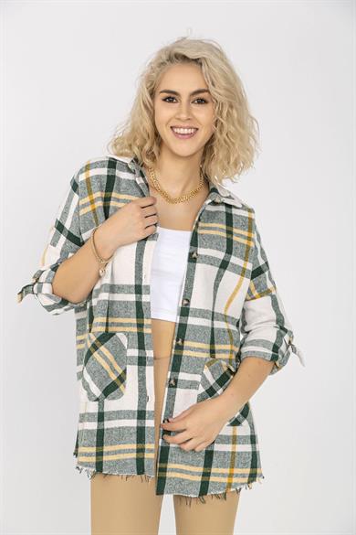 Kadın Çift Cepli Ekoseli Oversize Oduncu Gömlek