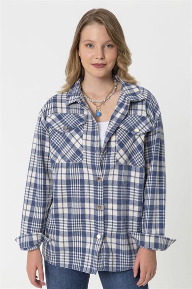 Kadın Çift Cepli Ekoseli Oversize Oduncu Gömlek