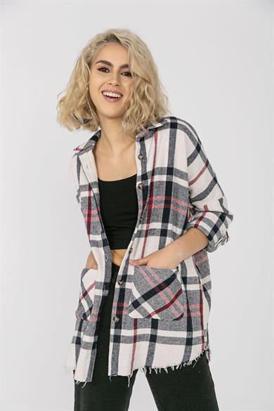 Kadın Çift Cepli Ekoseli Oversize Oduncu Gömlek