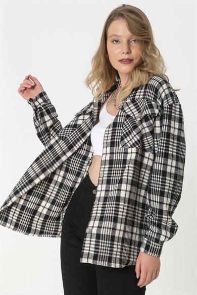 Kadın Çift Cepli Ekoseli Oversize Oduncu Gömlek