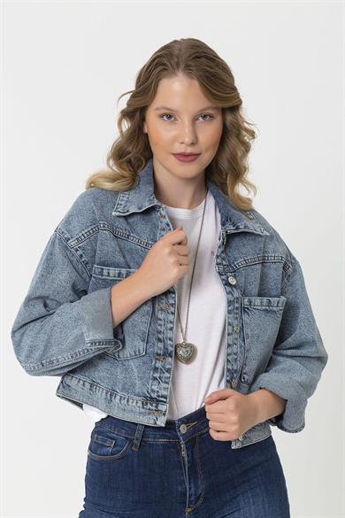 Kadın Çift Cepli Kısa Denim Ceket