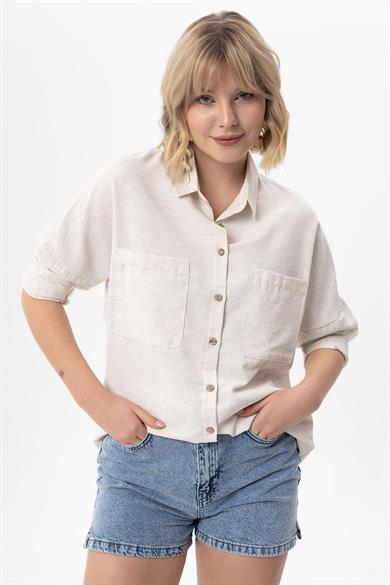 Kadın Çift Cepli Oversize Keten Gömlek