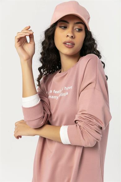 Kadın Çift Görünmünlü Yırtmaçlı Bisiklet Yaka Oversize Sweatshirt