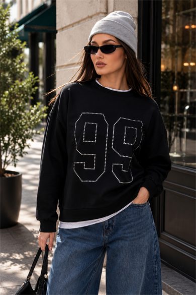 Kadın Çift Görünüm Detaylı Önü Taş İşlemeli İki İplik Sweatshirt 265089 -