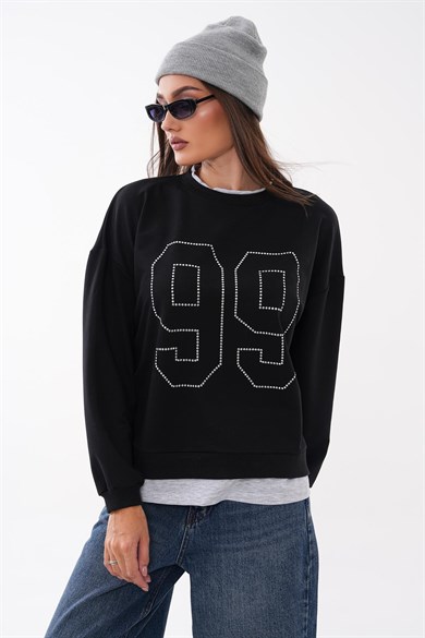 Kadın Çift Görünüm Detaylı Önü Taş İşlemeli İki İplik Sweatshirt 265089 -