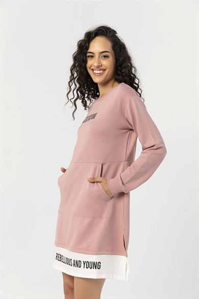 Kadın Çift Görünümlü Kanguru Cepli Bisiklet Yaka Uzun Sweatshirt