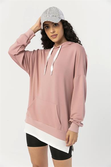 Kadın Çift Görünümlü Kapüşonlu Oversize Sweatshirt