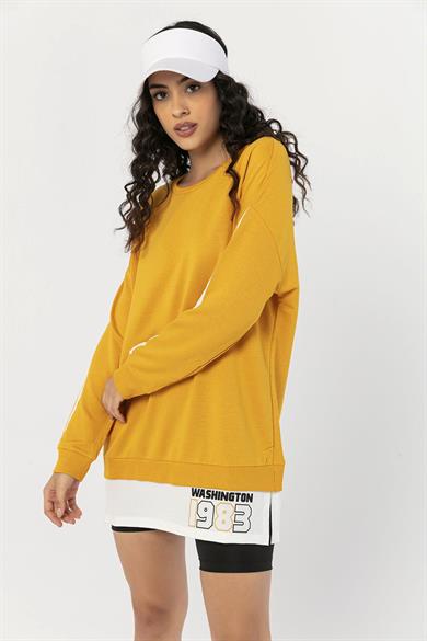 Kadın Çift Görünümlü Kolu Şeritli Bisiklet Yaka Uzun Sweatshirt