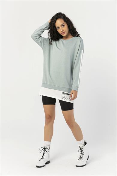 Kadın Çift Görünümlü Kolu Şeritli Bisiklet Yaka Uzun Sweatshirt